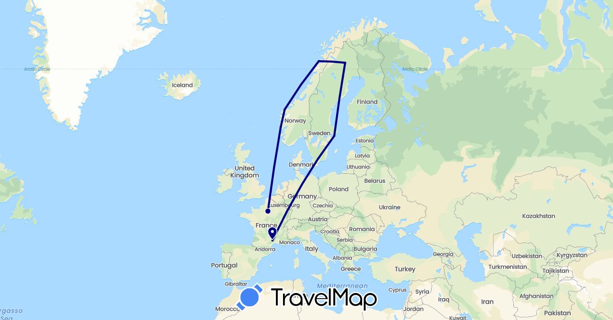 TravelMap itinerary: driving in France, Norway, Sweden (Europe)